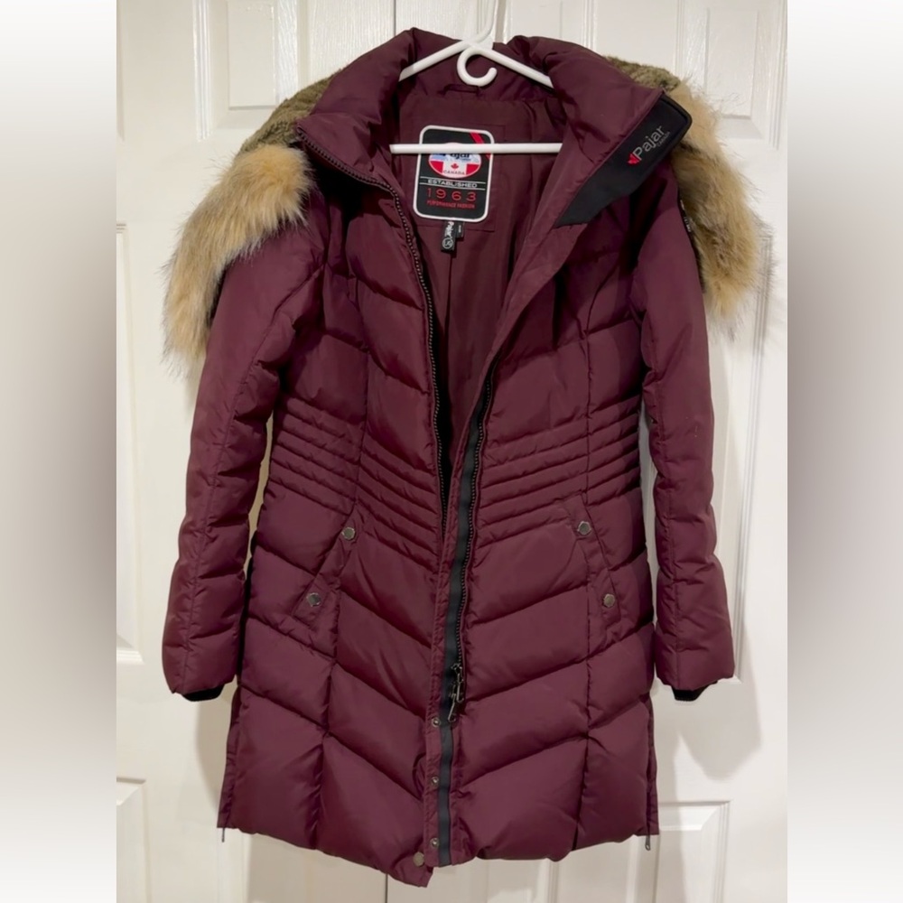 Pajar Maroon Burgundy Down Puffer Coat with Faux Fur Trim